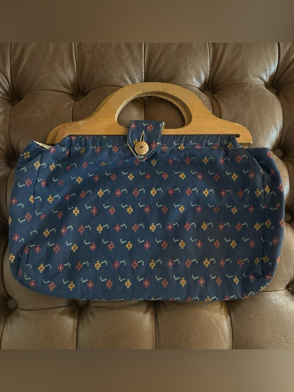 Classic Navy Floral Tote Bag with Wooden Handles Handmade Vintage